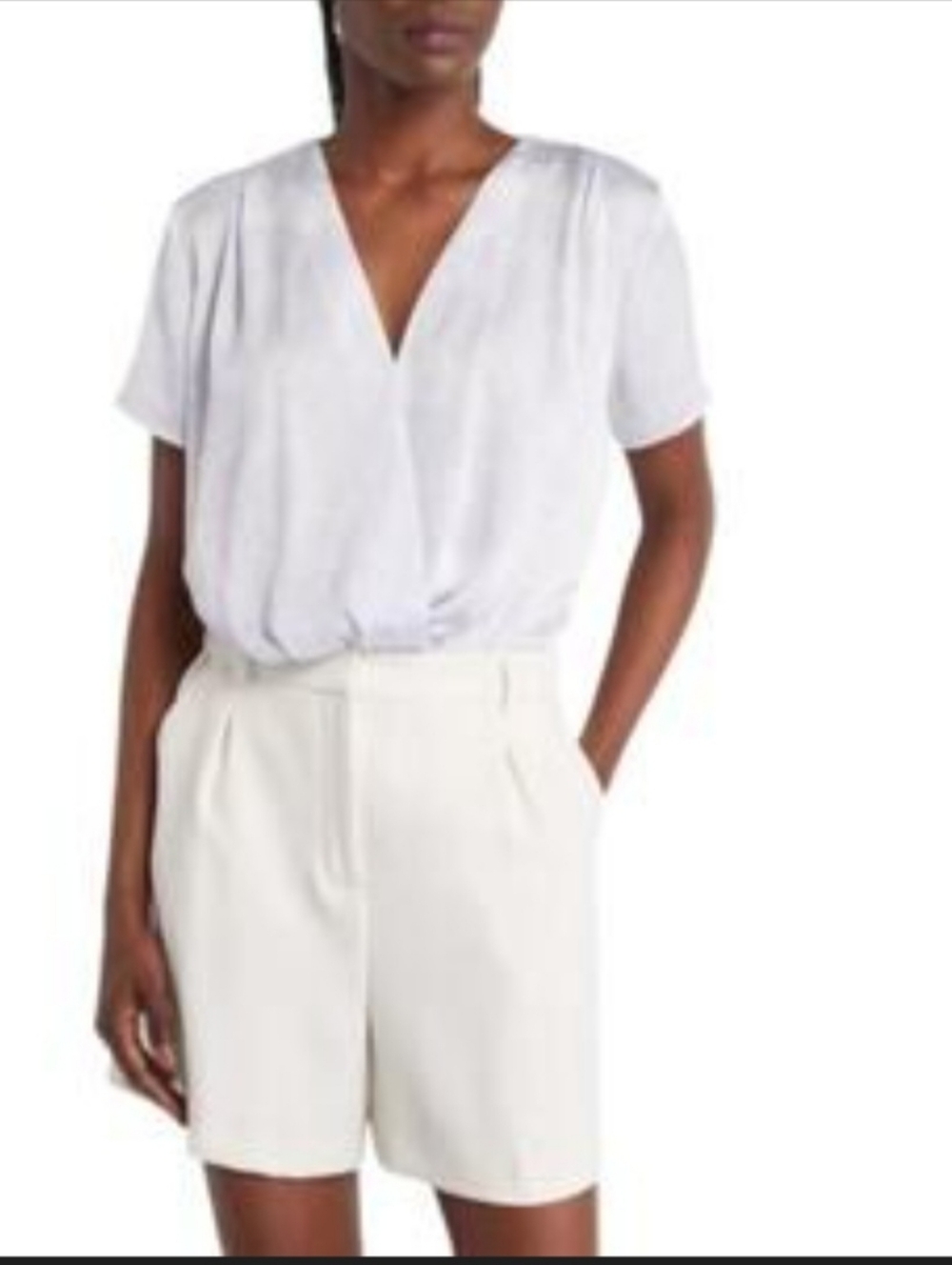 ​Open Edit White Satin Surplice Bodysuit L Large Ivory V-Neck Short Sleeve NWOT